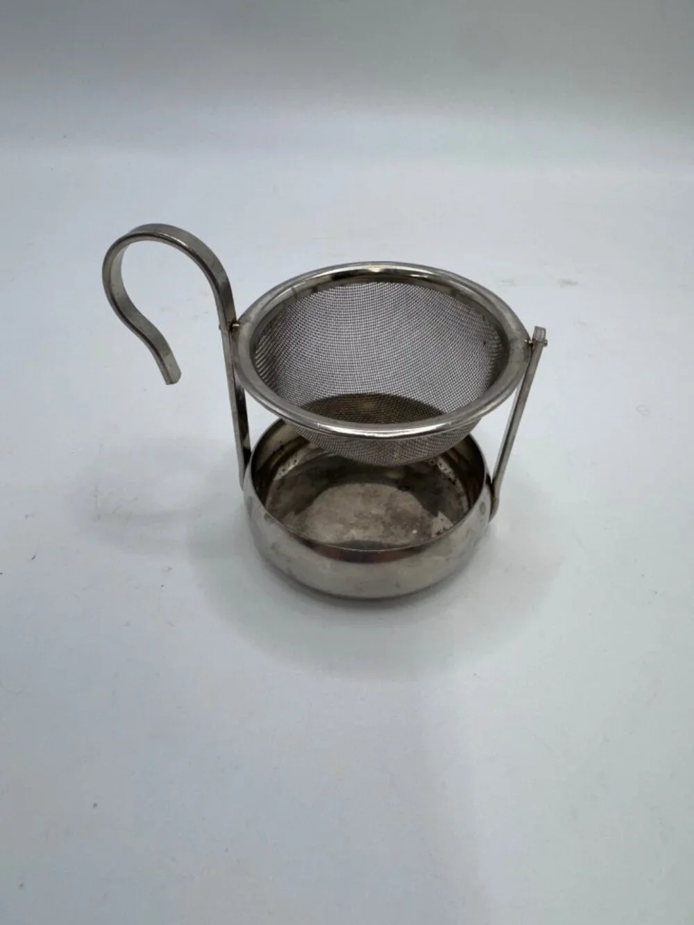 Vintage Stainless Steel Hook Tipping Tea Strainer  Drip Bowl - 3 
